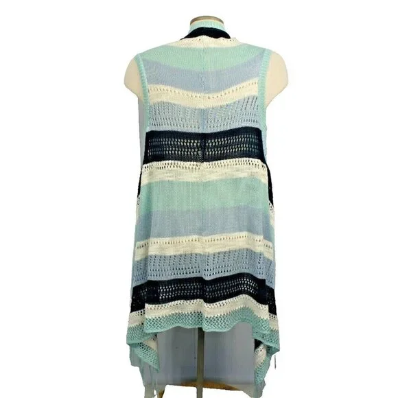 Open Front Sweater Vest Womens M Blue Boho Hippy Crochet Fringe Tassel Hi Lo Hem - Picture 2 of 5